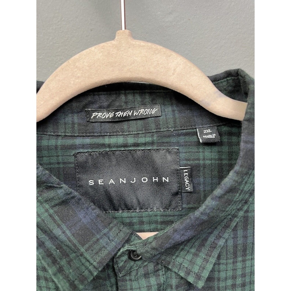 Sean John Button Down Mens 2XL Green Plaid Legacy‎ Mixed Media Streetwear Shirt - Picture 4 of 6